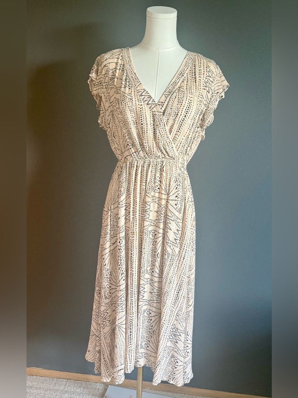 Kori Cream Midi Dress with Black Print Front Pockets